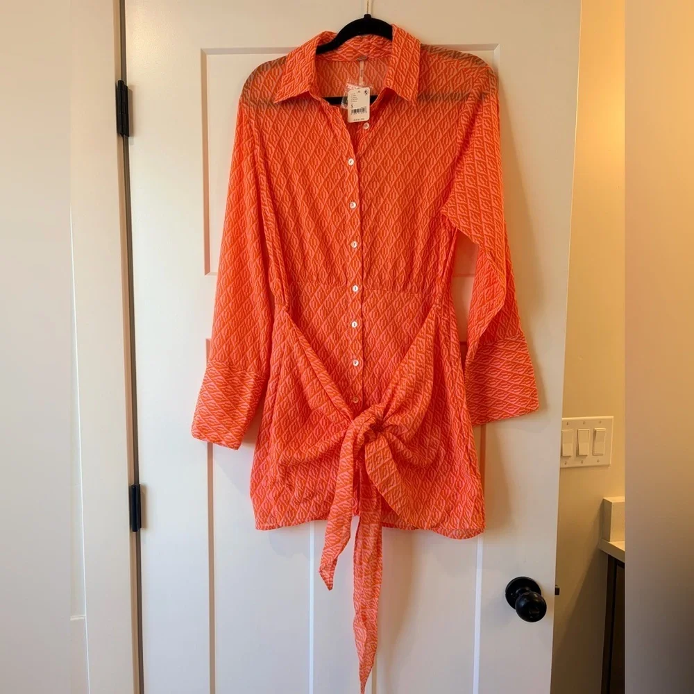 NWT Women $128 Free People Rillo Orange Beach Summer Shirtdress size Small
